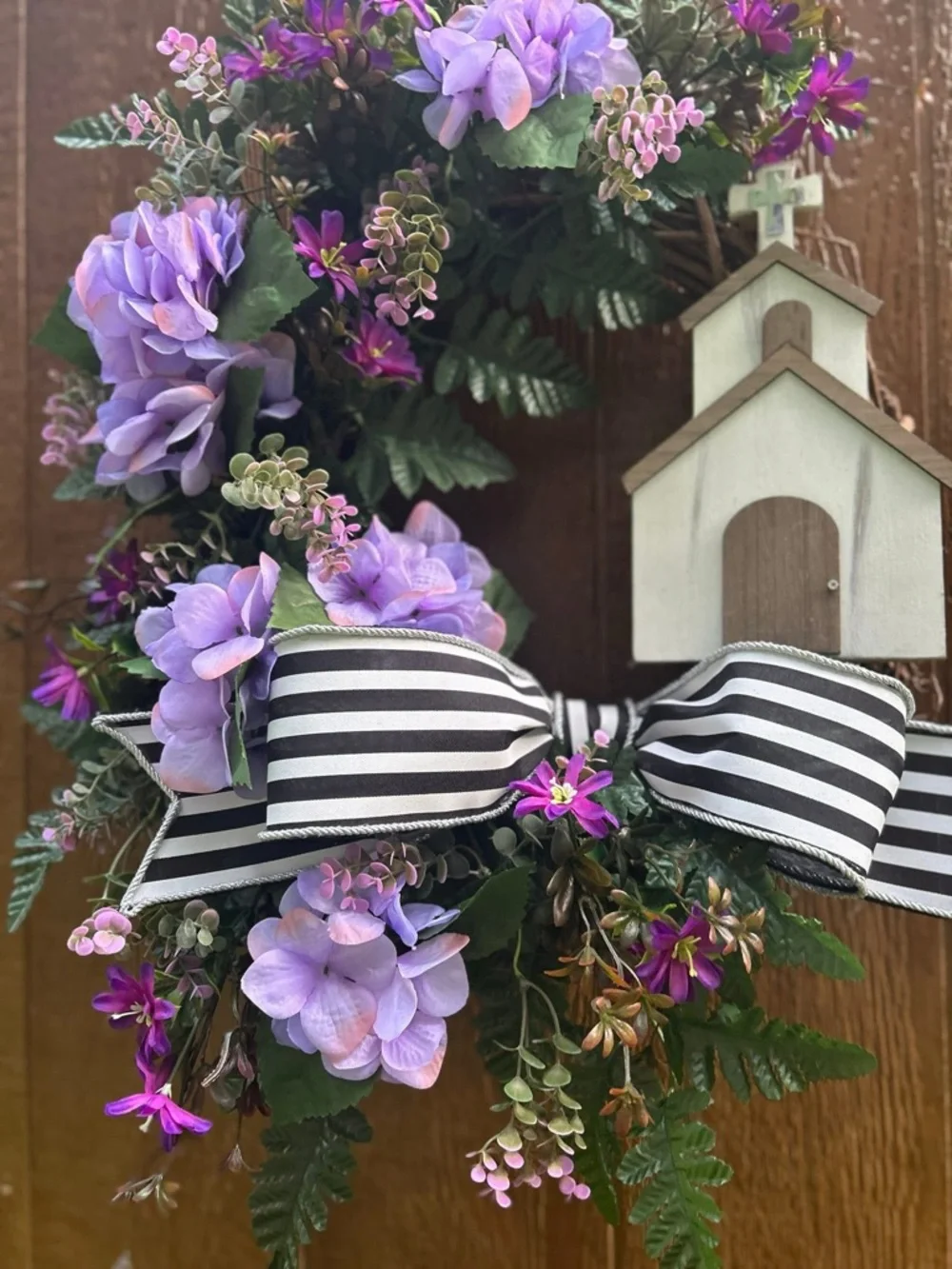 Handmade Lavender Floral Wreath with Striped Bow and Chapel Accent